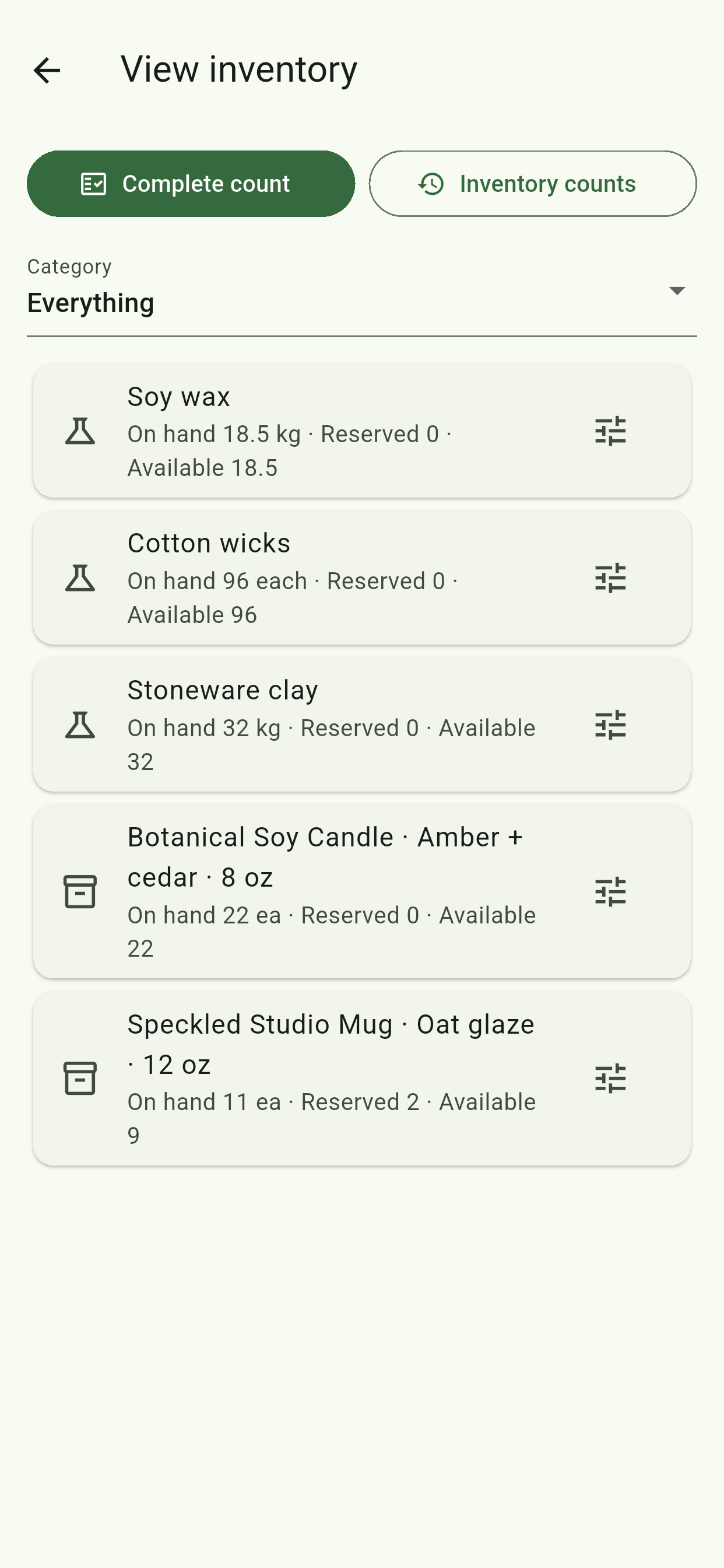 Maker inventory screen showing materials and finished products with on-hand, reserved and available quantities